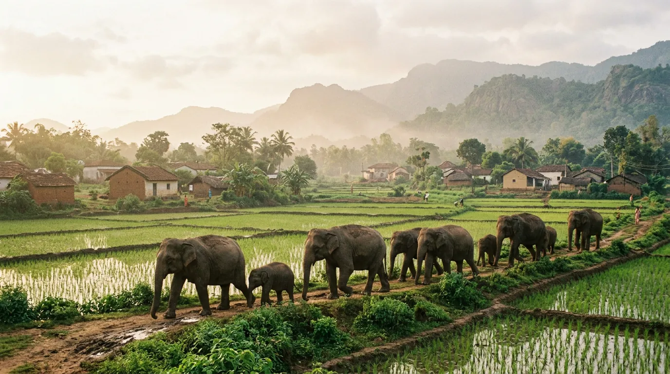 A herd of wild elephants walking near farmland at the edge of a village in India